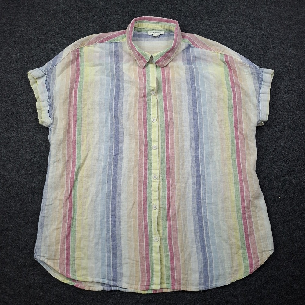 Beach Lunch Lounge Blouse Womens L Pastel Striped Button Up Short Sleeve Linen